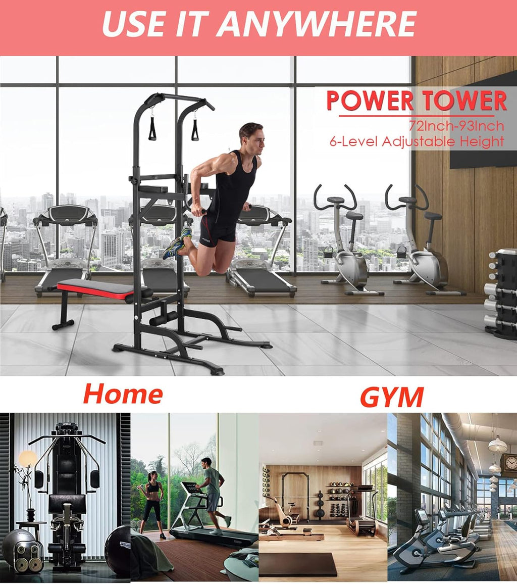 TLSUNNY Power Tower with Bench, Pull Up Bar Stand, w/ Dual Resistance Bands, Adjustable Pull Up Dip Station for Home Gym Workouts, 400lbs