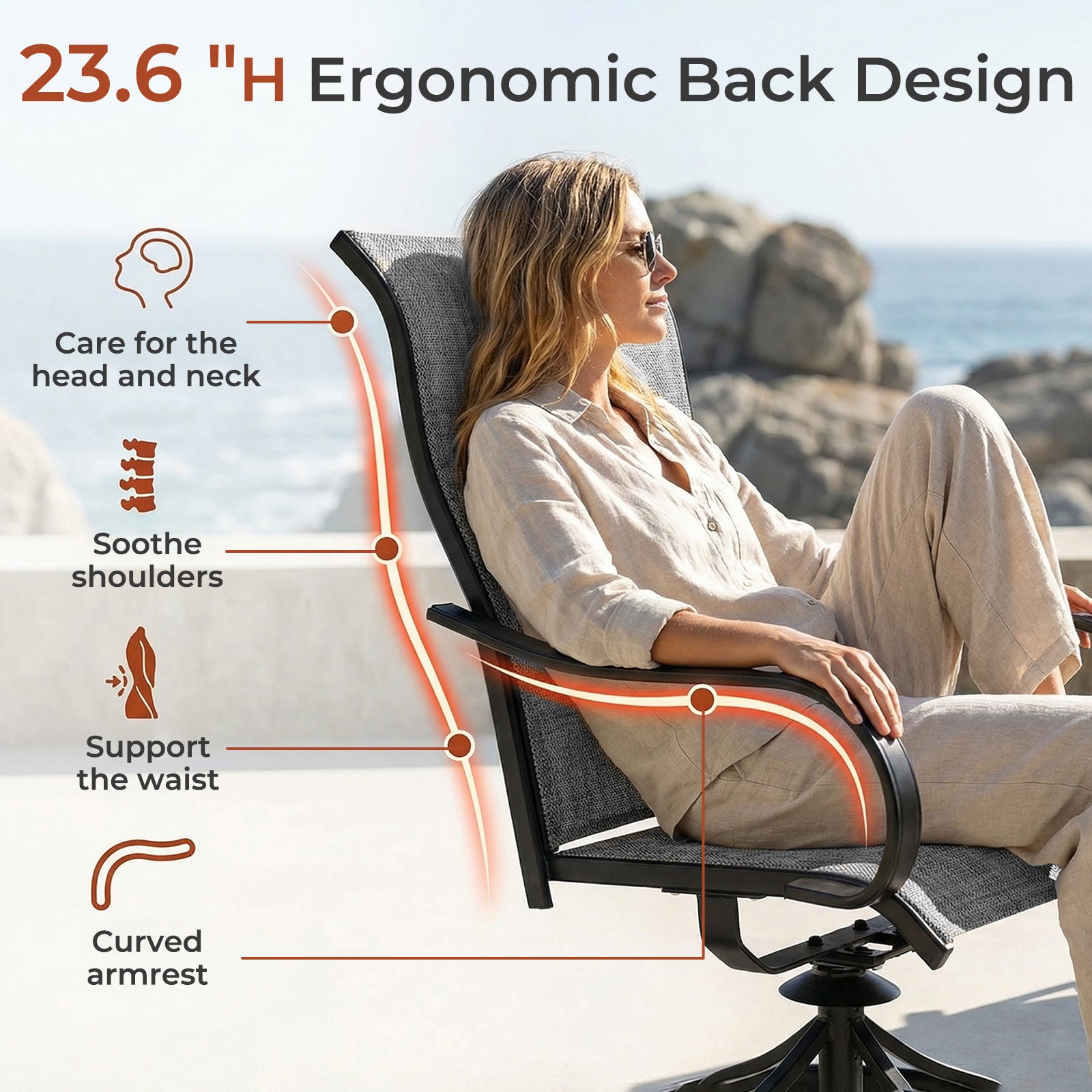 TLSUNNY Patio Swivel Padded Chairs Set of 2, Outdoor Dining Chairs High Back with All Weather Breathable Textilene, Metal Rocking Frame for Backyard Lawn Garden