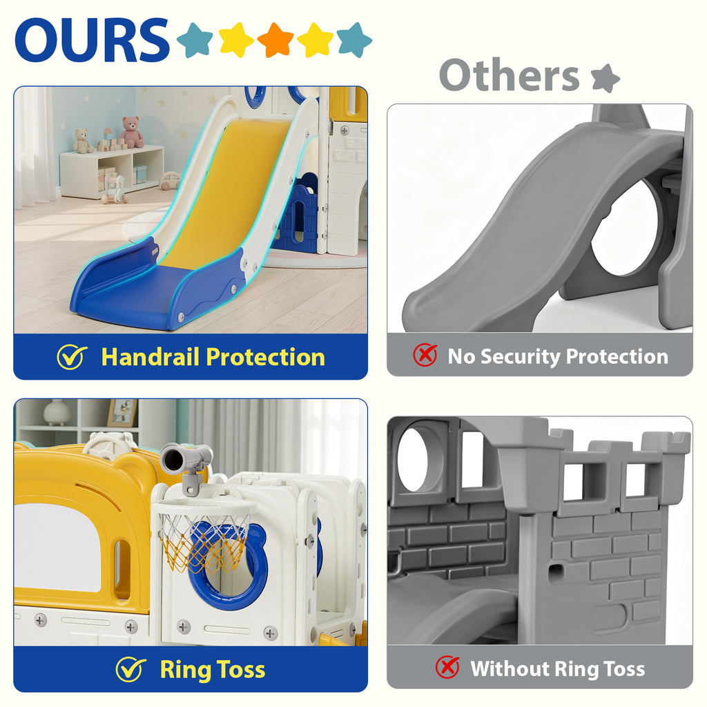 TLSUNNY 10-in-1 Kids Slide & Climber Set, with Basketball Hoop, Telescope, Drawing Board, Tunnel, Indoor Outdoor Toddler Playset