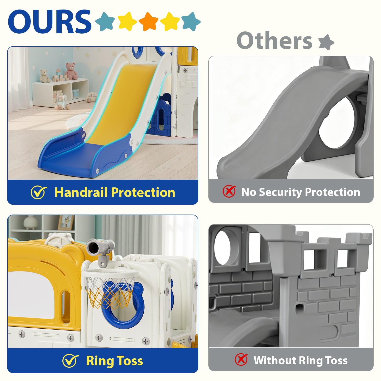 TLSUNNY 10-in-1 Kids Slide & Climber Set, with Basketball Hoop, Telescope, Drawing Board, Tunnel, Indoor Outdoor Toddler Playset