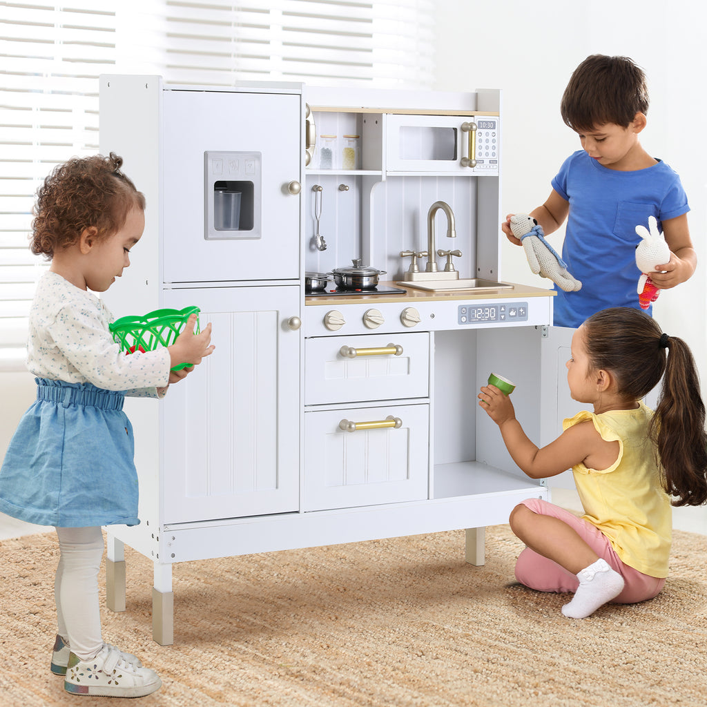 TLSUNNY Kids Play Kitchen, Wooden Kitchen Playset w/ Realistic Light & Sound and Cooking Accessories