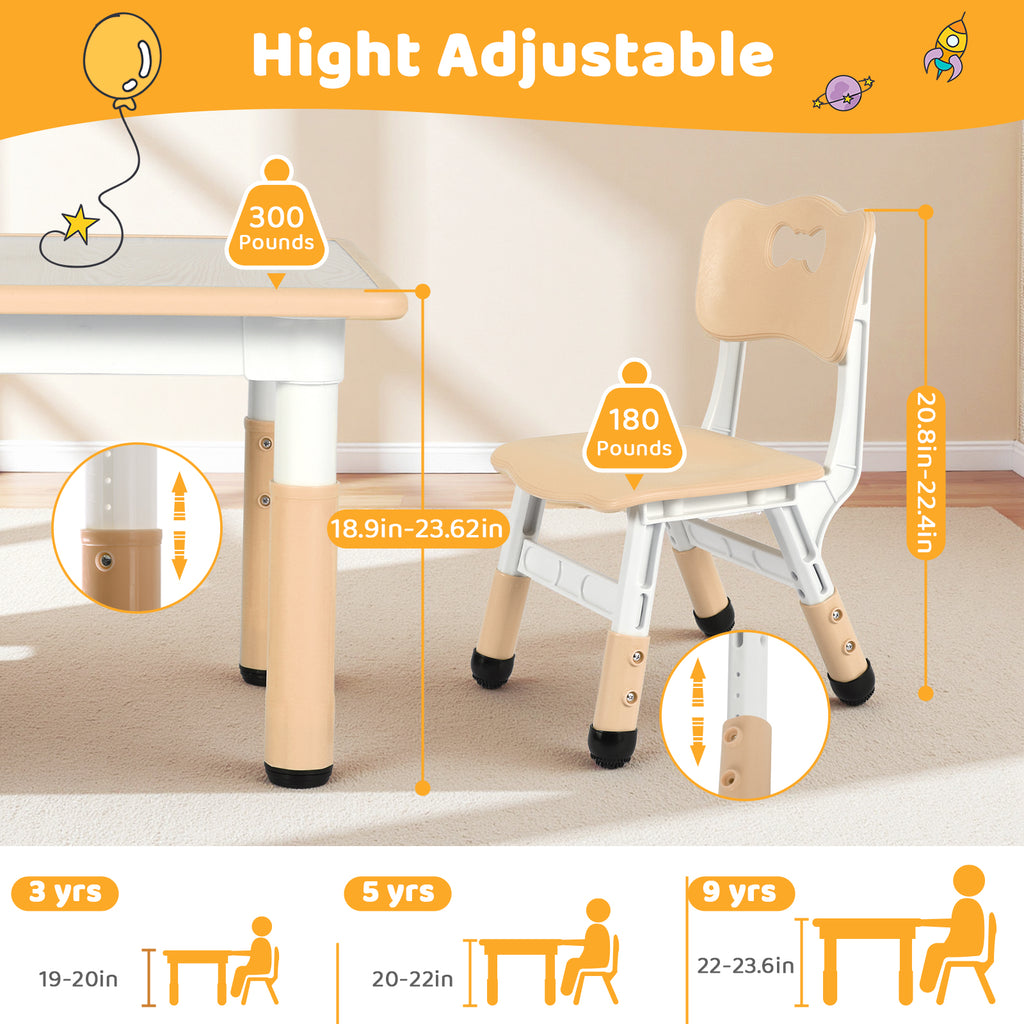 TLSUNNY Kids Table and 2 Chairs Set, Height Adjustable Toddler Play Activity Table Set with Graffiti Desktop, for Playroom, Daycare