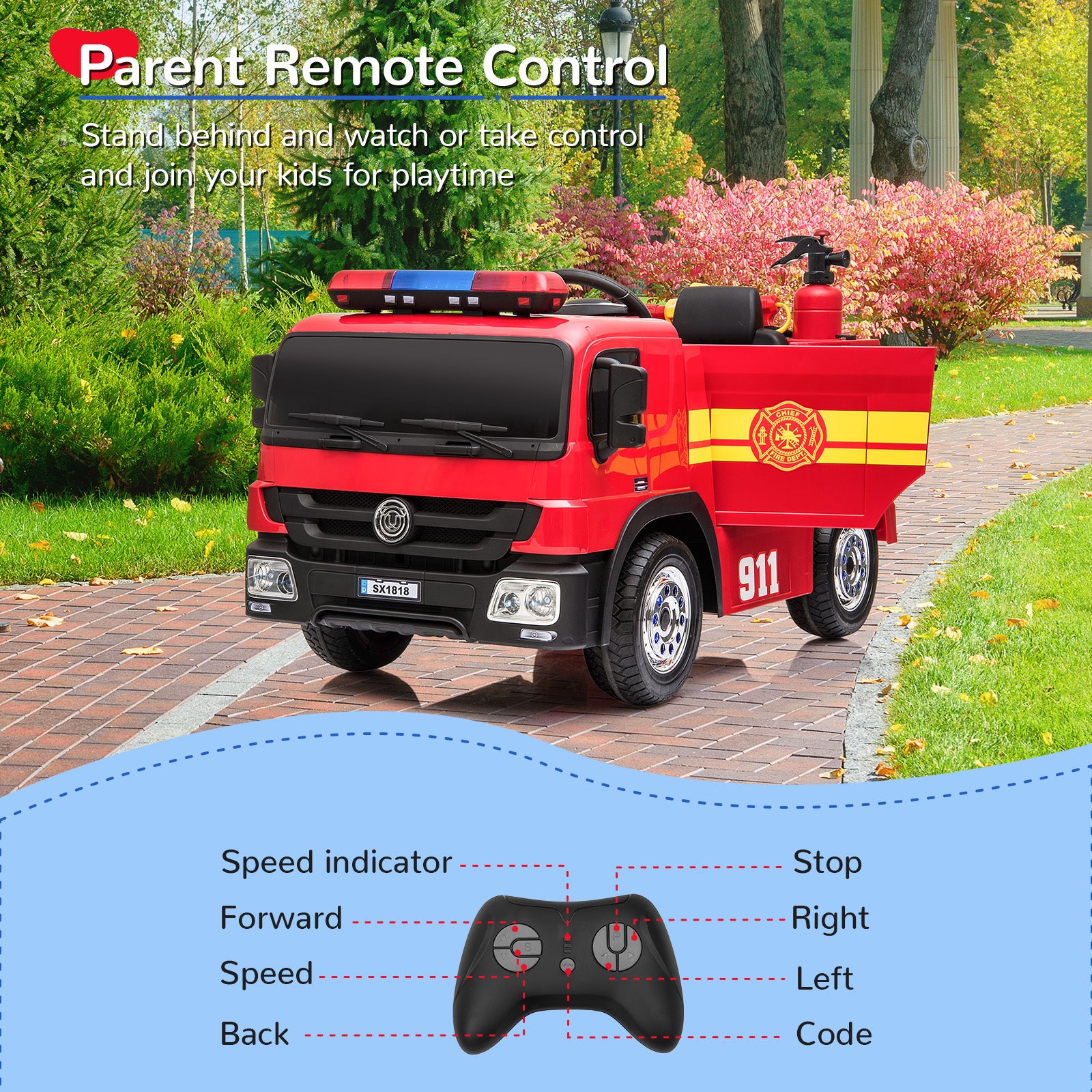 TLSUNNY 12V Ride on Fire Truck, w/Parent Remote Control,  Siren-Call, Flashing Lights, Fire Extinguishers, for Kids Age 3+