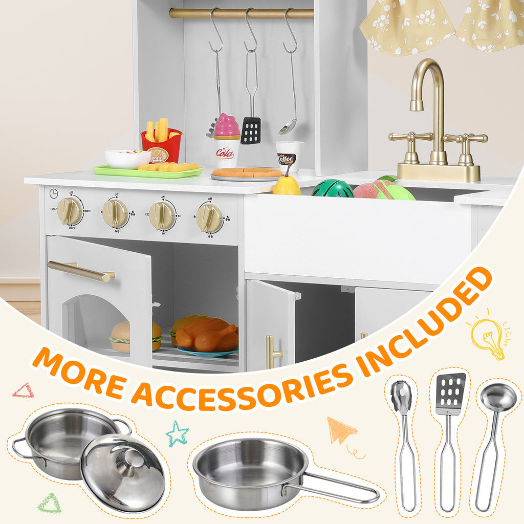 TLSUNNY Kids Play Kitchen with Realistic Lights & Sounds, Wooden Toy Pretend Play Kitchen Set w/ Sink, Faucet, Microwave, Curtain for Ages 3+