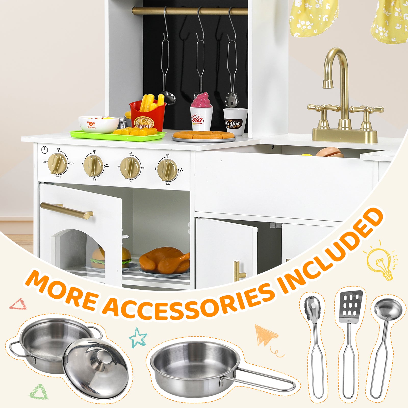 TLSUNNY Kids Play Kitchen with Realistic Lights & Sounds, Wooden Toy Pretend Play Kitchen Set w/ Sink, Faucet, Microwave, Curtain for Ages 3+