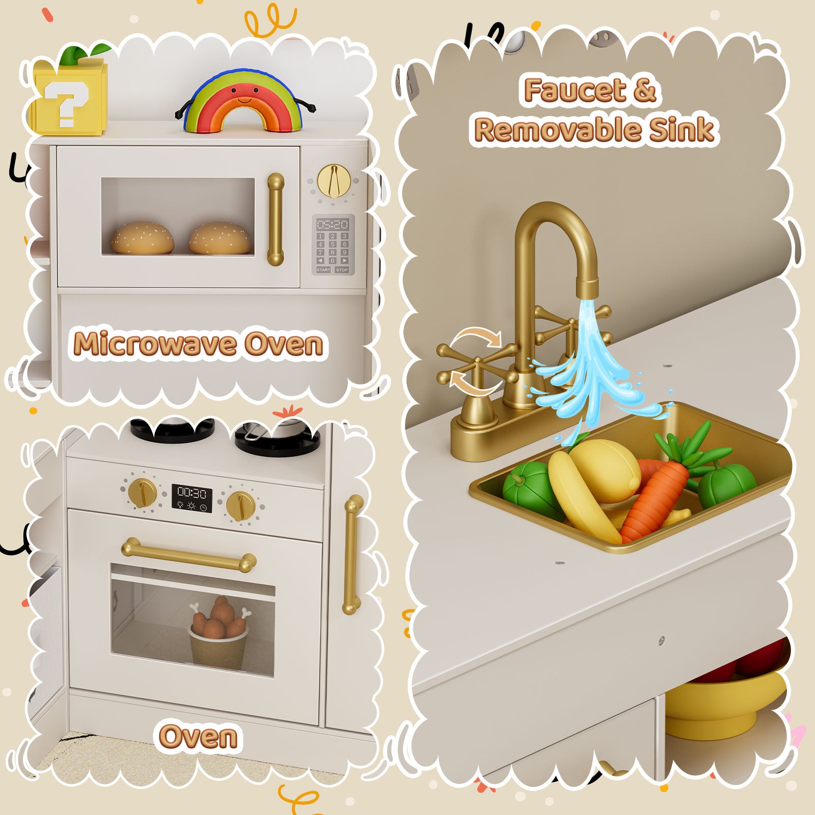 TLSUNNY Corner Play Kitchen with Lights & Sounds, Sink, Fridge, Microwave & Storage, Wooden Toddler Toy for Ages 3+