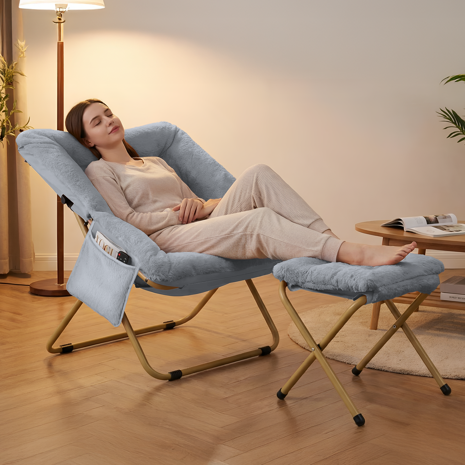 TLSUNNY Foldable Lazy Chair/Foldable Saucer Chair with Ottoman, Comfy Saucer Chair, Soft Faux Fur Reading Lounge Chair, for Living Room, Bedroom, Dorms, Teens Adults