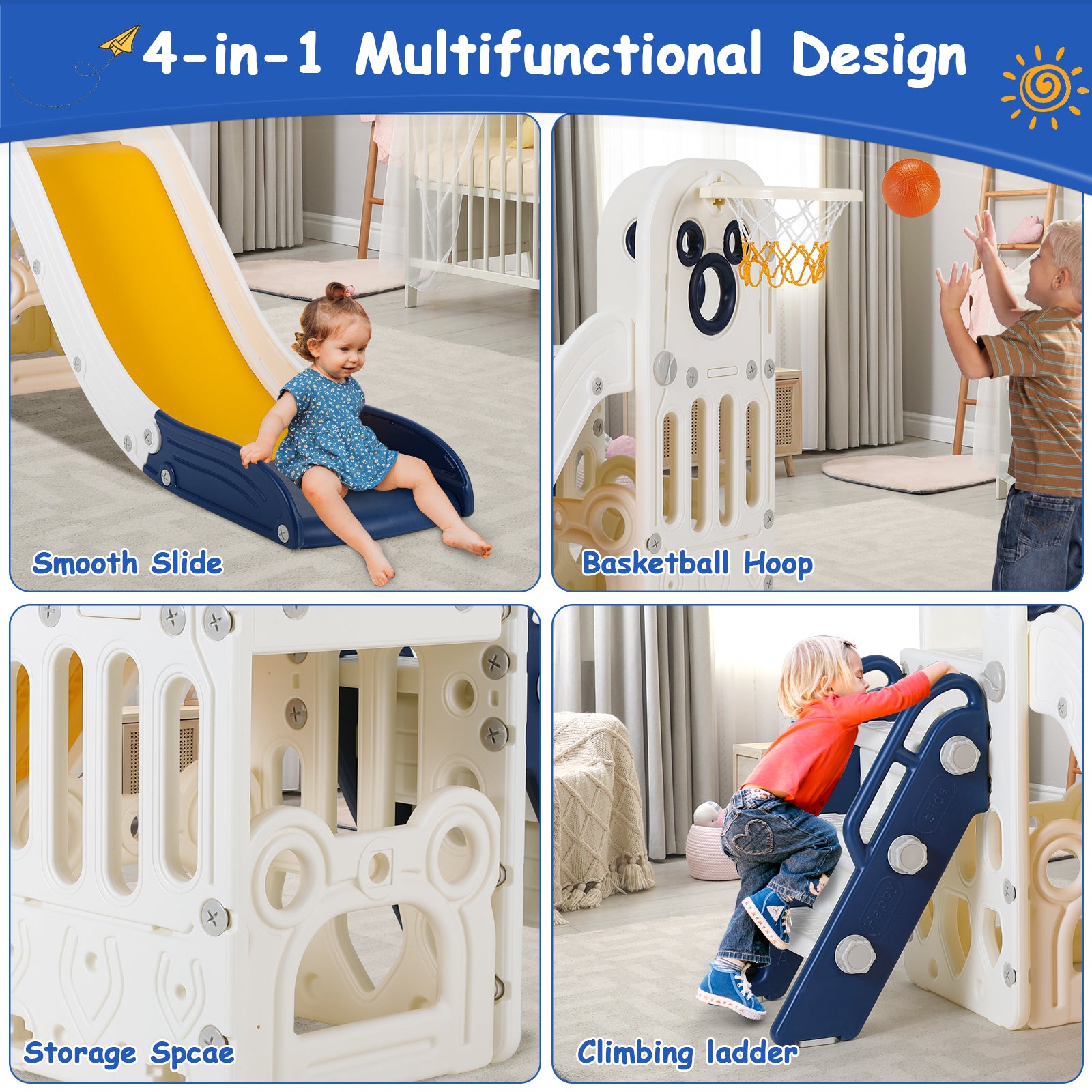 TLSUNNY Toddler Slide Playset, Stair Slides for Kids with Basketball Hoop, Non-Slip Steps & Storage Space, for Backyard, Nursey, Playgroud