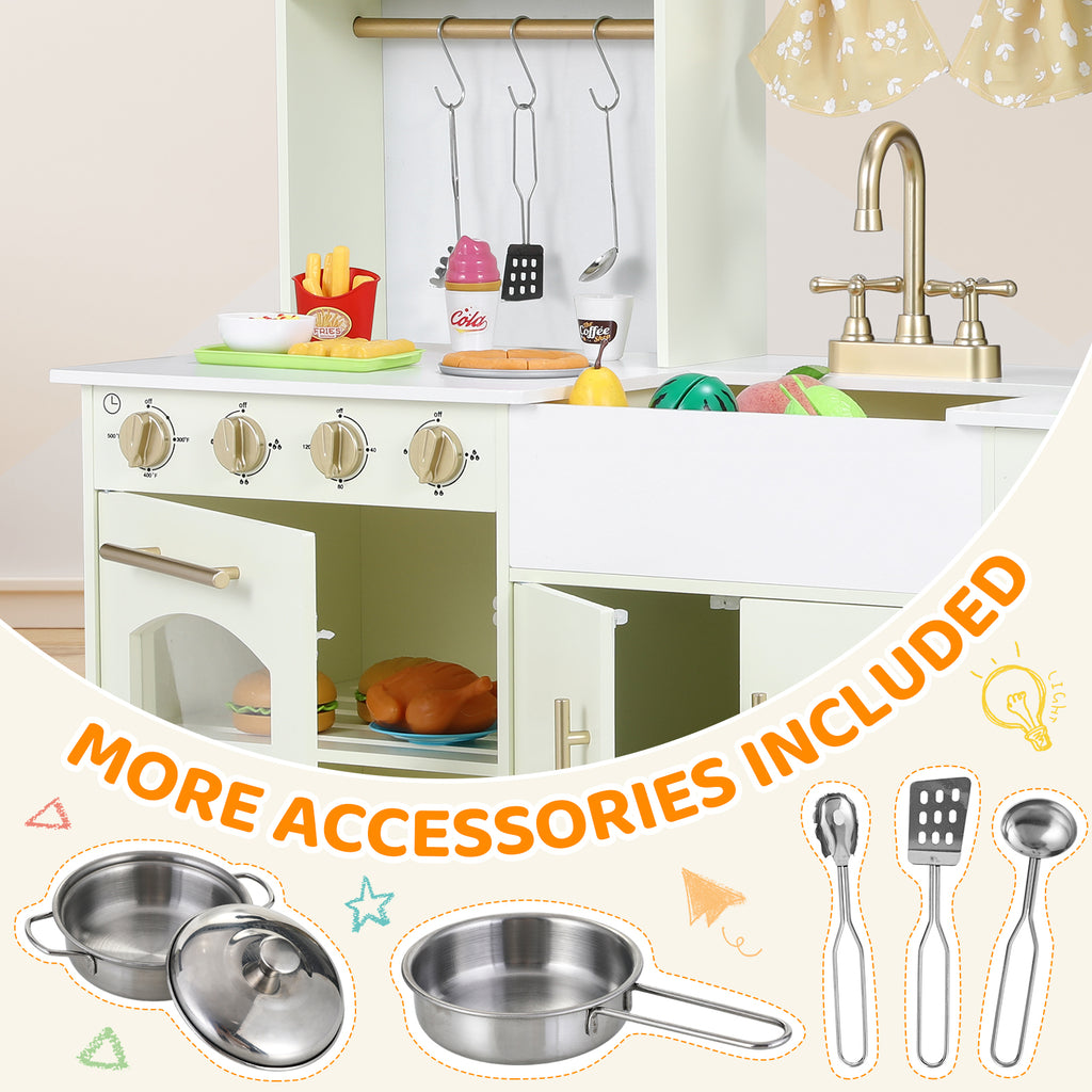 TLSUNNY Kids Play Kitchen with Realistic Lights & Sounds, Wooden Toy Pretend Play Kitchen Set w/ Sink, Faucet, Microwave, Curtain for Ages 3+