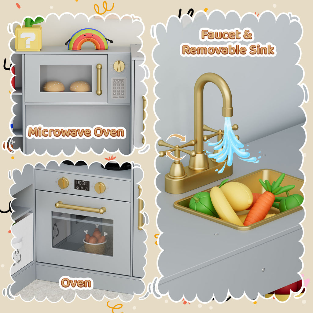 TLSUNNY Corner Play Kitchen with Lights & Sounds, Sink, Fridge, Microwave & Storage, Wooden Toddler Toy for Ages 3+