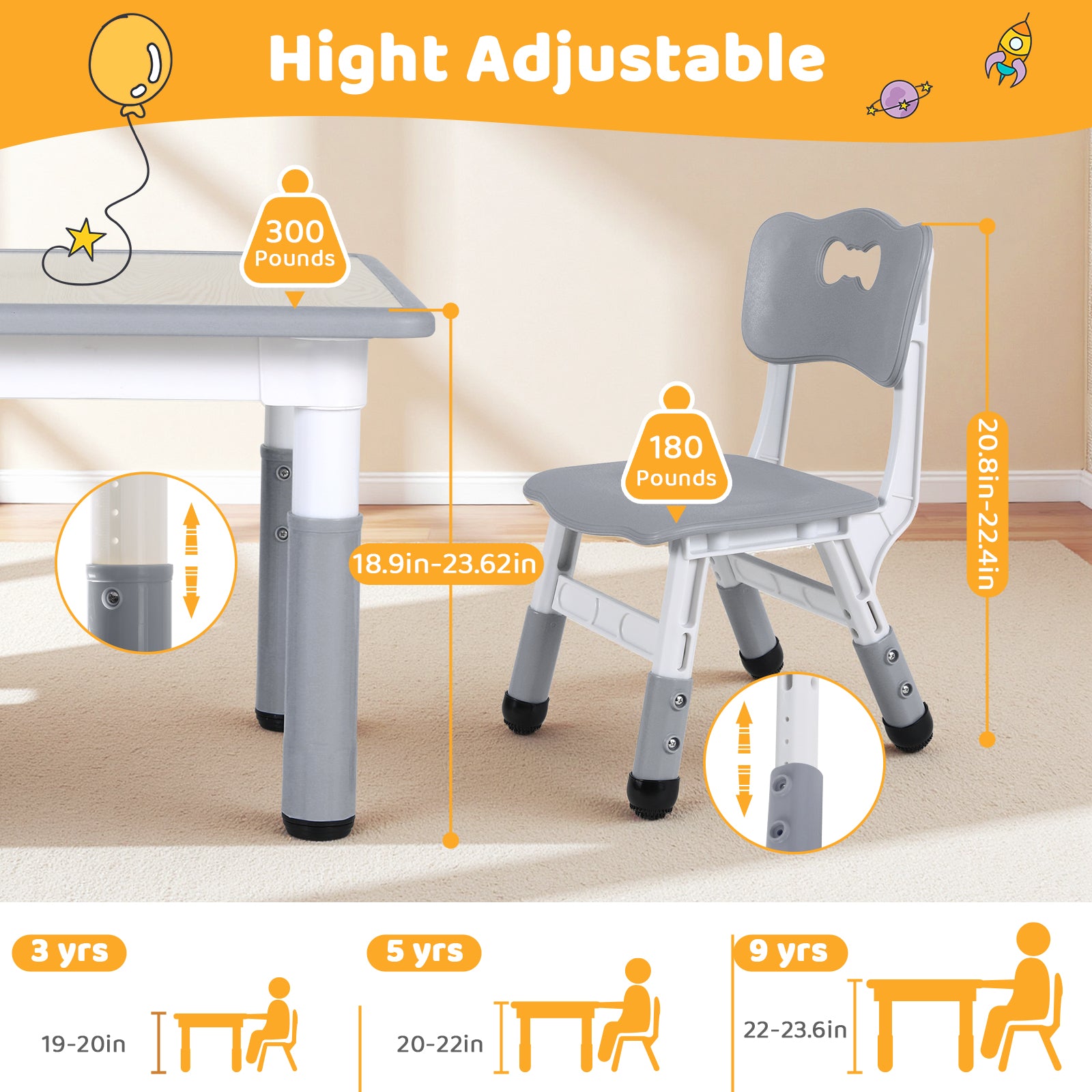TLSUNNY Kids Table and 2 Chairs Set, Height Adjustable Toddler Play Activity Table Set with Graffiti Desktop, for Playroom, Daycare