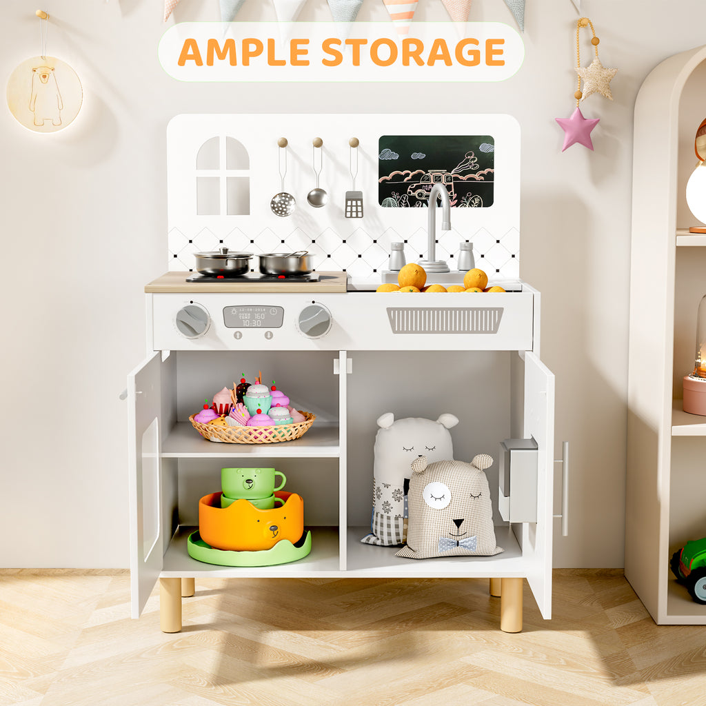 TLSUNNY Kids Play Kitchen Set, w/ Realistic Lights & Knob Sounds, Wooden Play Kitchen with Water Dispenser & Chalkboard for Age 3+