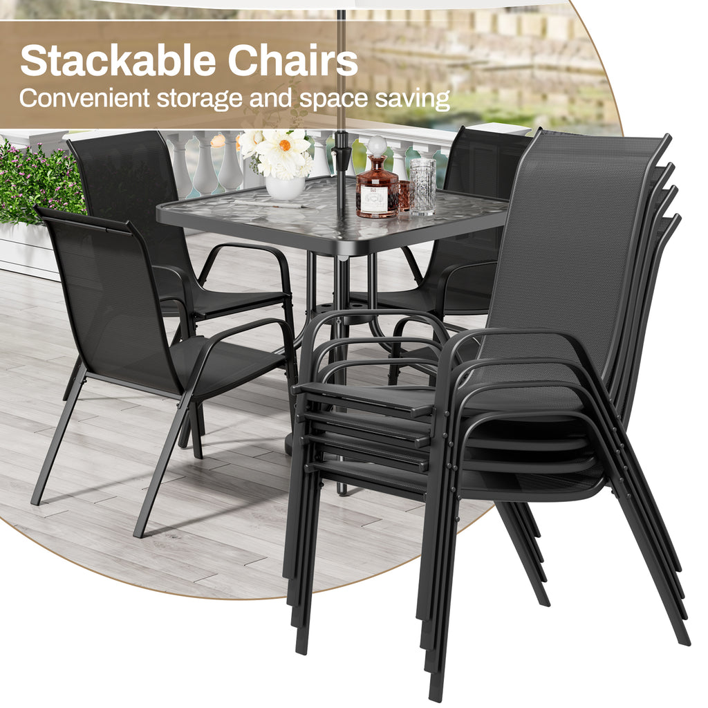 TLSUNNY Outdoor Dining Set of 5, Square Glass Top Table with Umbrella Hole and 4 Stackable Textilene Chairs, for Patio, Backyard, Porch, Lawn Use