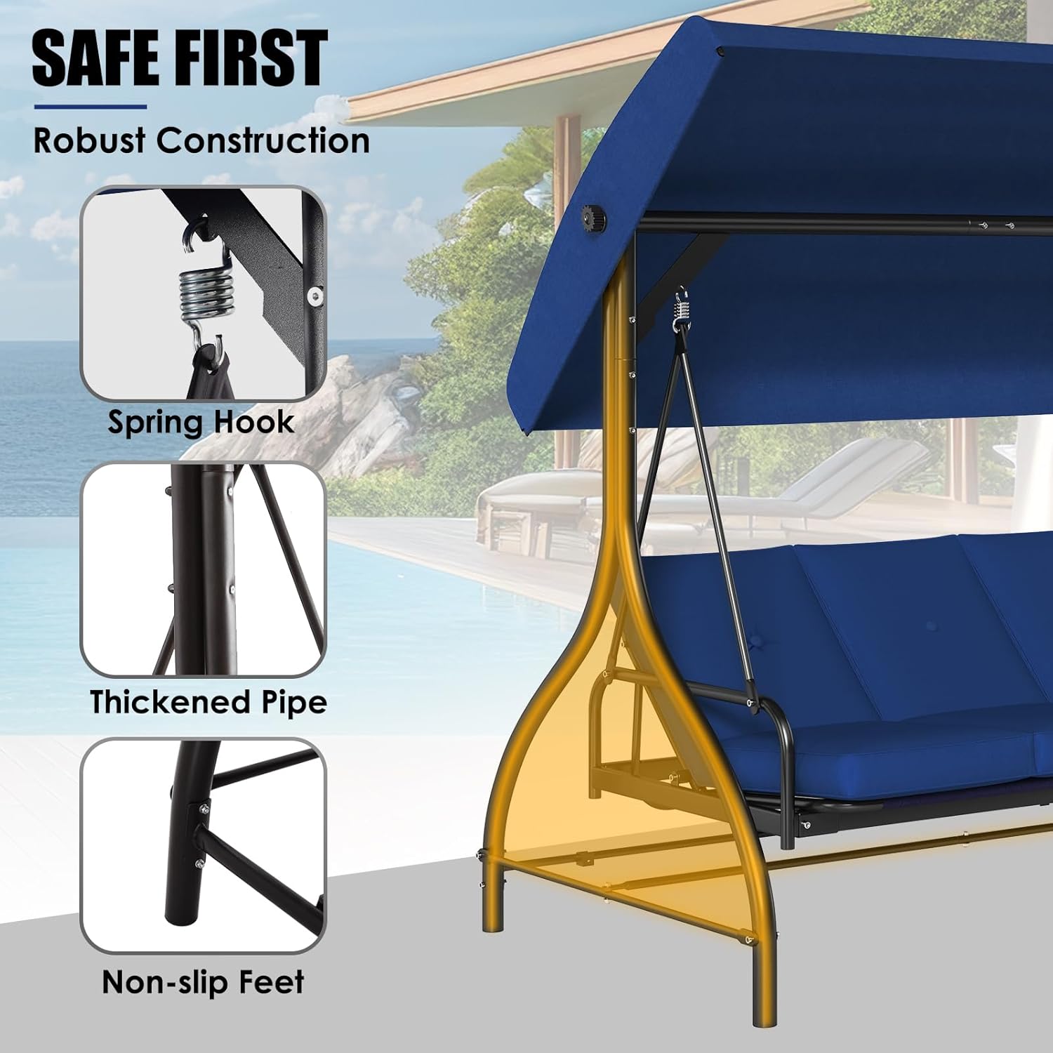 TLSUNNY Canopy Swing Chair Set, 3-Seat Outdoor Swing Chair with Stand & Removable Seat Cushion, for Patio, Backyard, Balcony Relaxation, Supports 750lbs