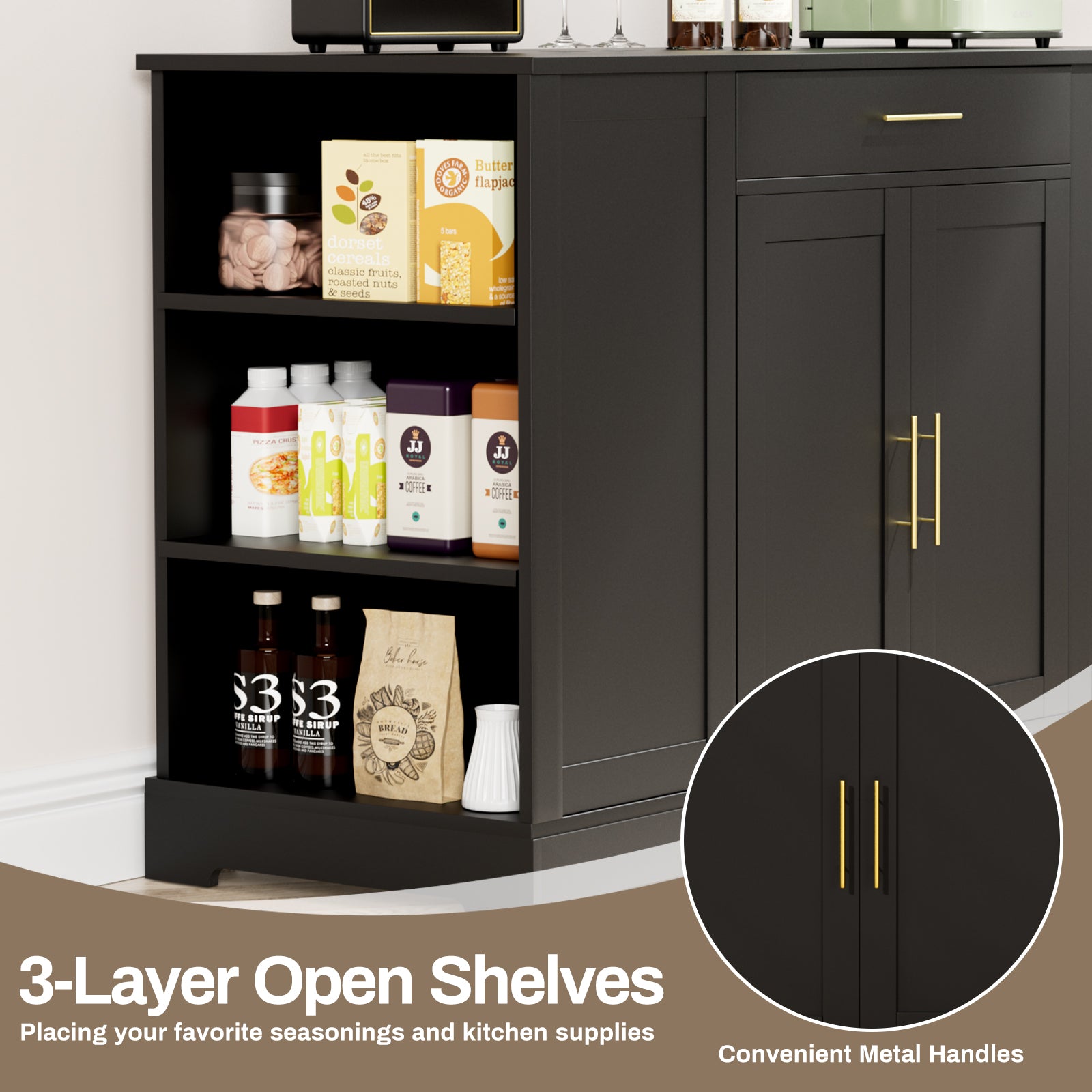 TLSUNNY 53" Kitchen Island w/ 13 Gal Trash Can Storage Cabinet, Portable Kitchen Island, Open Side Shelves and Drawer
