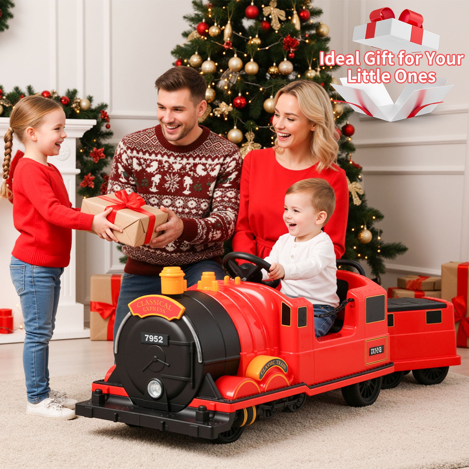 TLSUNNY Kids Ride On Train Trackless, 12V Kids Battery Powered Electric Train w/ Lights & Music, Detachable Carriage, Storage, for Toddlers