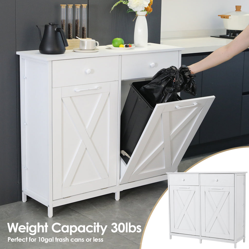 TLSUNNY Dual Tilt-Out Trash Cabinet, Freestanding Recycling Station with Drawer for Living Room/Kitchen
