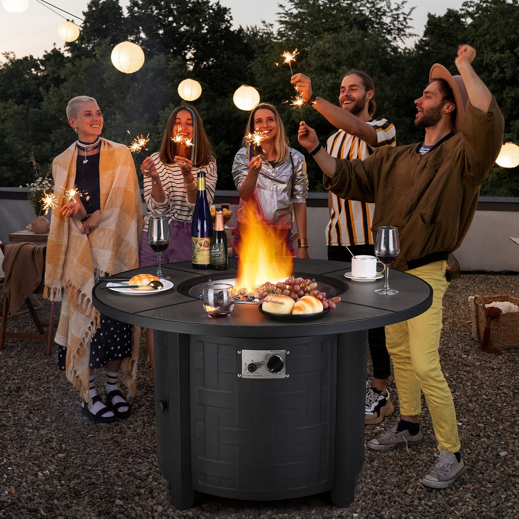 TLSUNNY 42‘’ Round Propane Fire Pit Table, 50,000 BTU Steel Firepit with Metal Lid, Waterproof Cover, Auto-Ignition, for Patio/Backyard