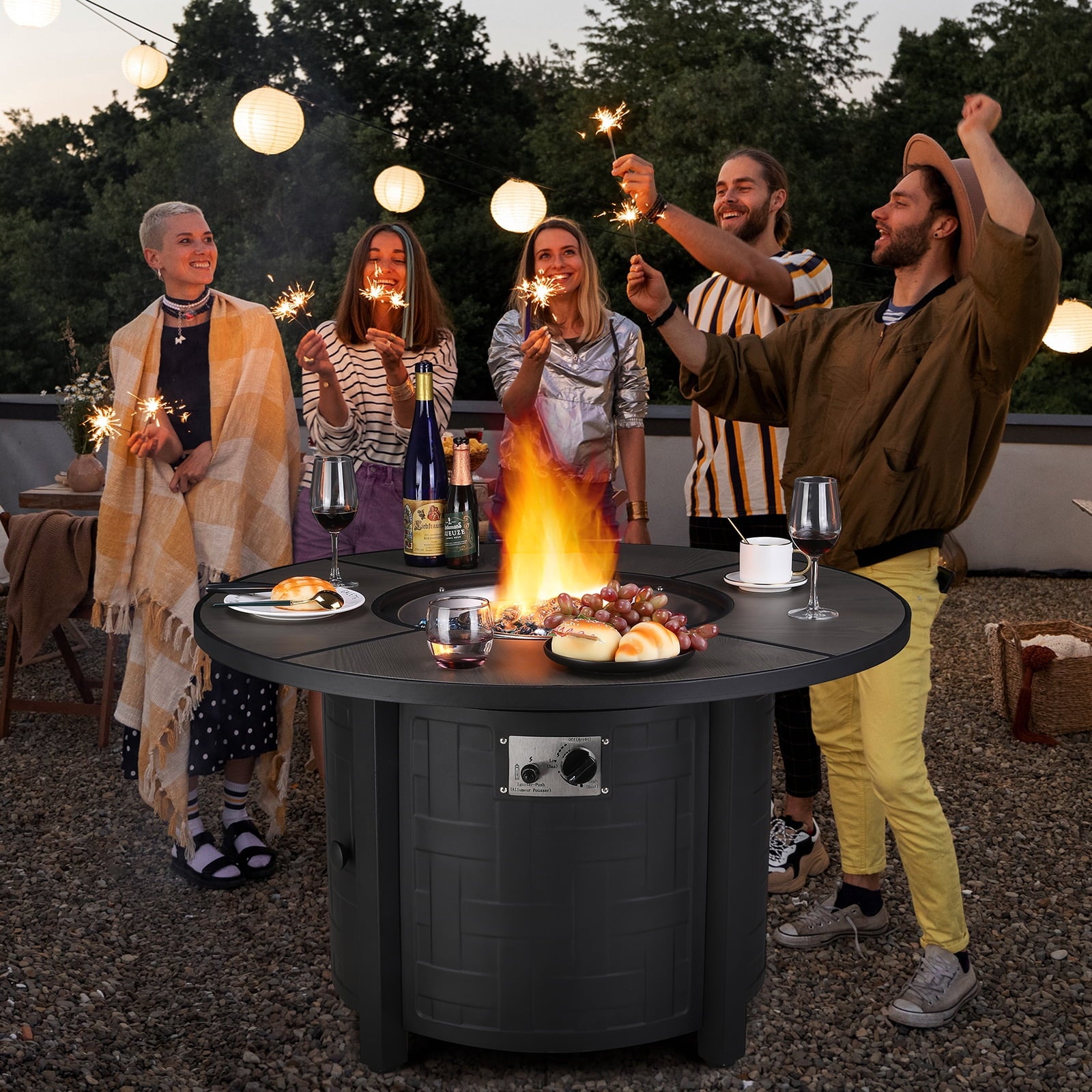 TLSUNNY 42‘’ Round Propane Fire Pit Table, 50,000 BTU Steel Firepit with Metal Lid, Waterproof Cover, Auto-Ignition, for Patio/Backyard