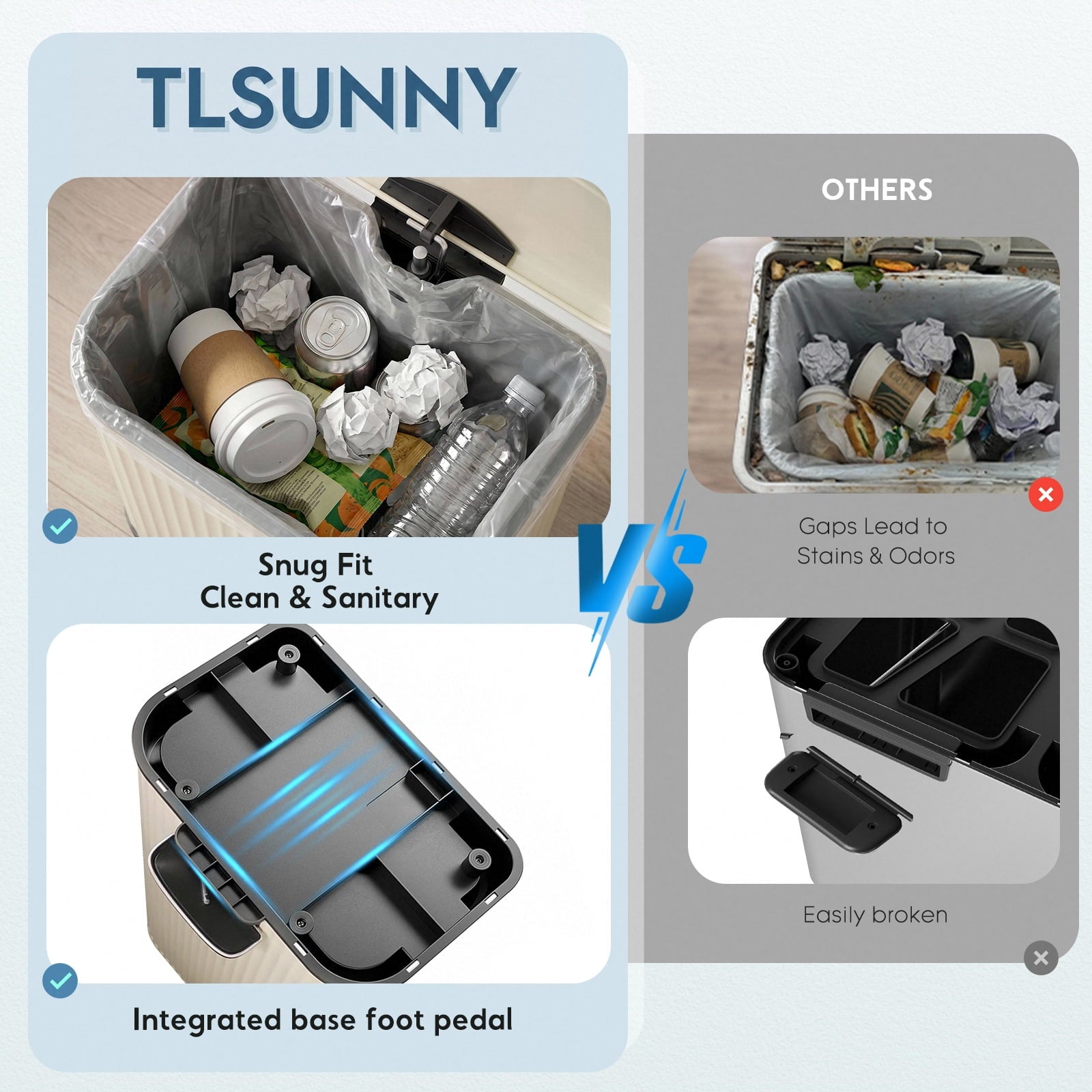 TLSUNNY Trash Can, 8/13 Gallon Garbage Can for Kitchen, with Lid, Pedal, and Removable Inner Bucket, Soft Close, Stainless Steel
