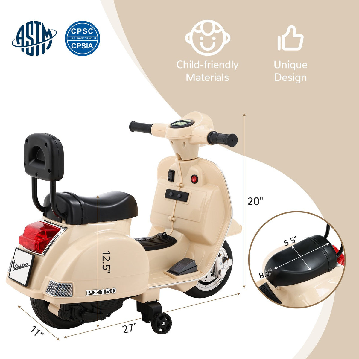TLSUNNY Kids Licensed Vespa PX150 Electric Motorcycle, 6V Ride On Scooter W/ Training Wheels, Stable 4-Wheel Structure, Ideal Moped for Ages 3+