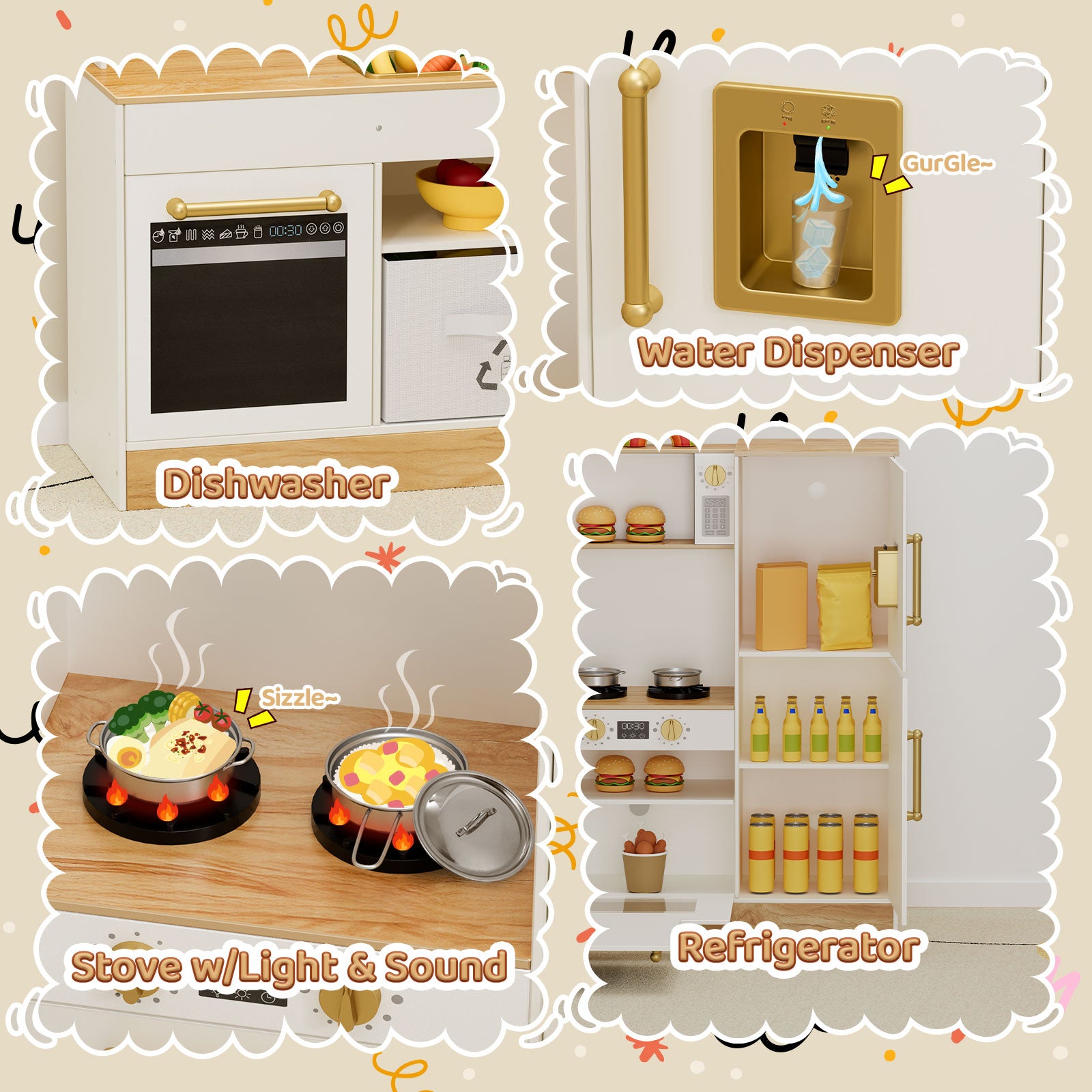 TLSUNNY Corner Play Kitchen with Lights & Sounds, Sink, Fridge, Microwave & Storage, Wooden Toddler Toy for Ages 3+