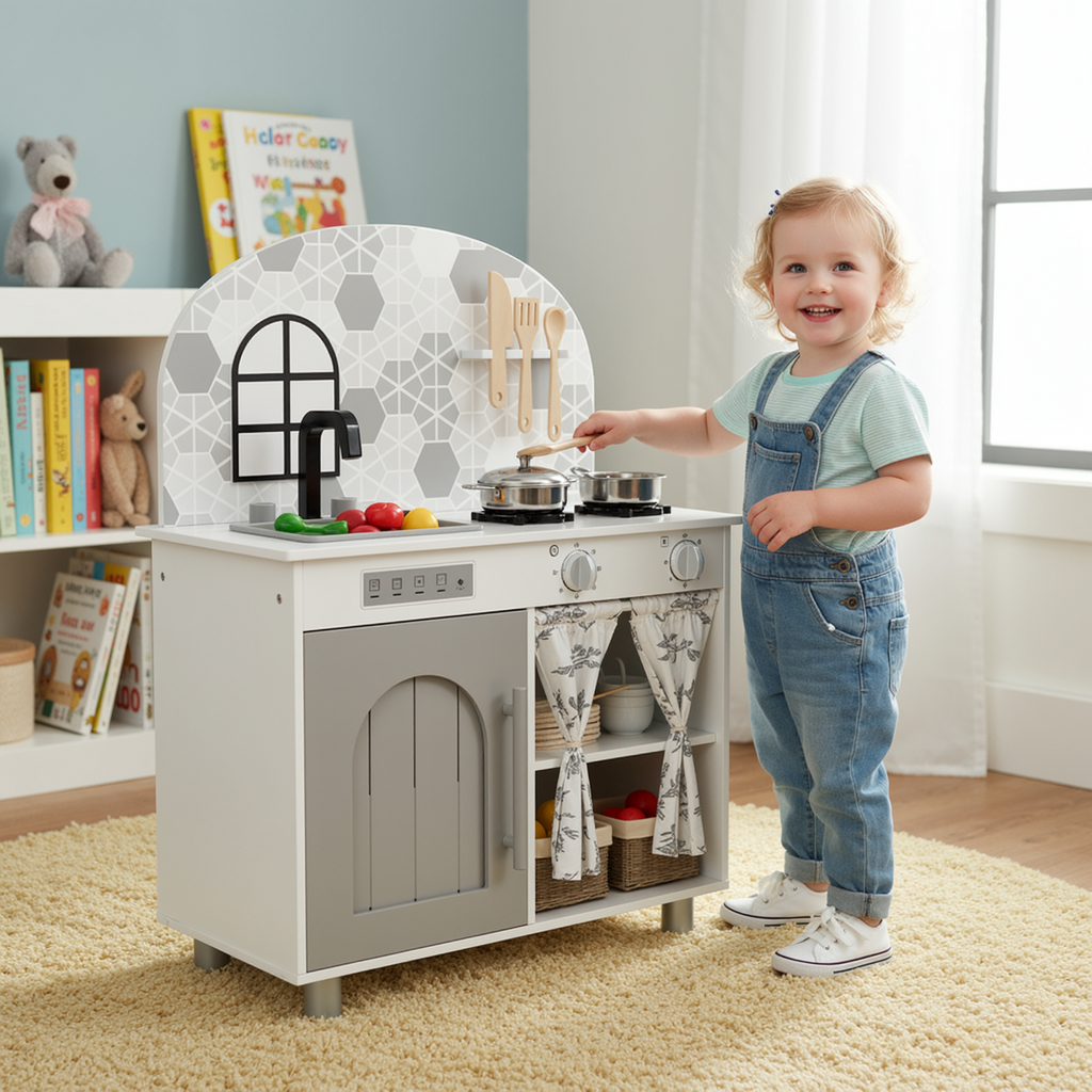 TLSUNNY Kids Play Kitchen, Wooden Kitchen Playset with Sink, Stove, Cooking Accessories, Educational Gift for Ages 3+