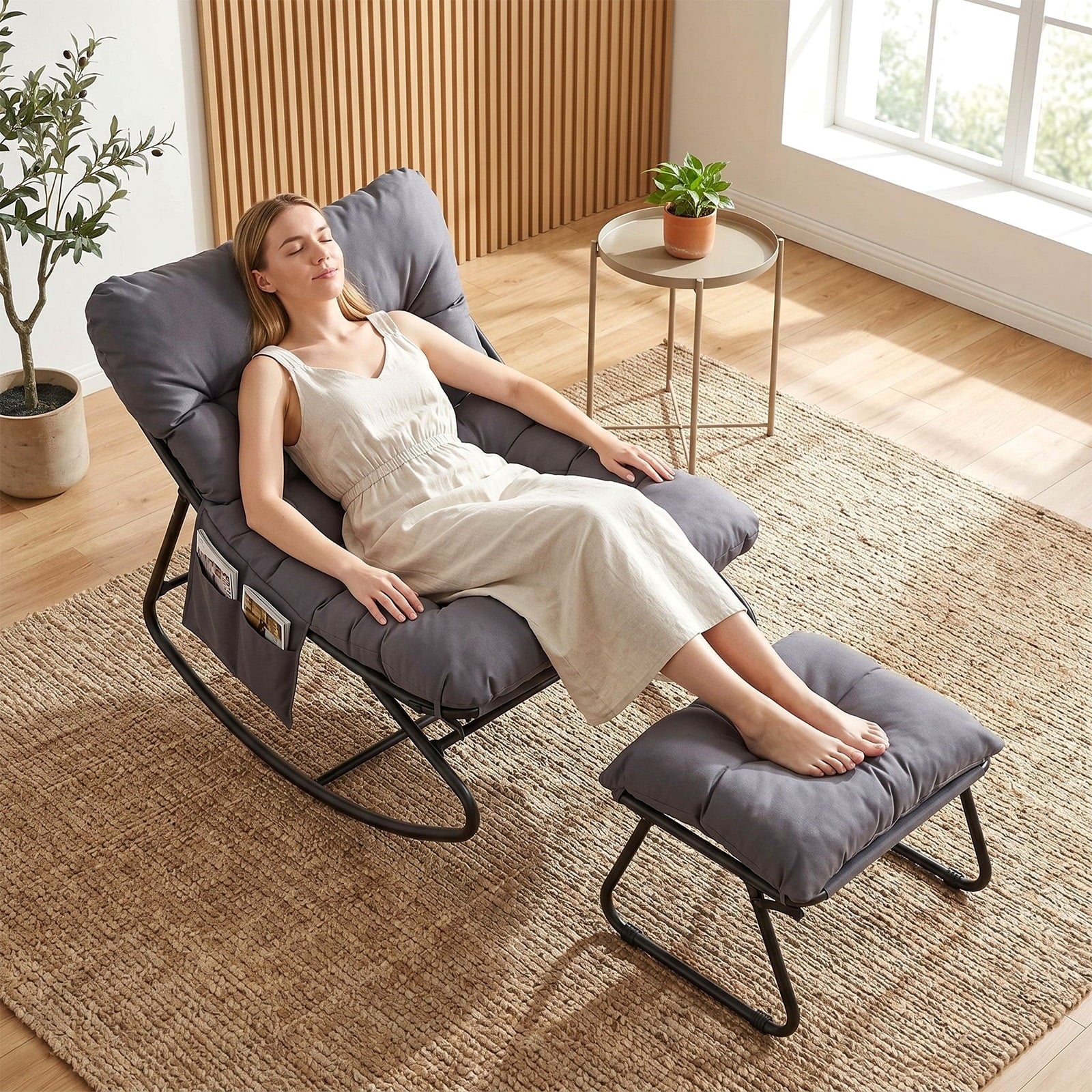 TLSUNNY Outdoor Papasan Rocking Chair, Wicker Rattan Egg Papasan Rocking Chair, Oversized Lounge Rocker Chairs for Patio, Balcony, Porch and Indoor