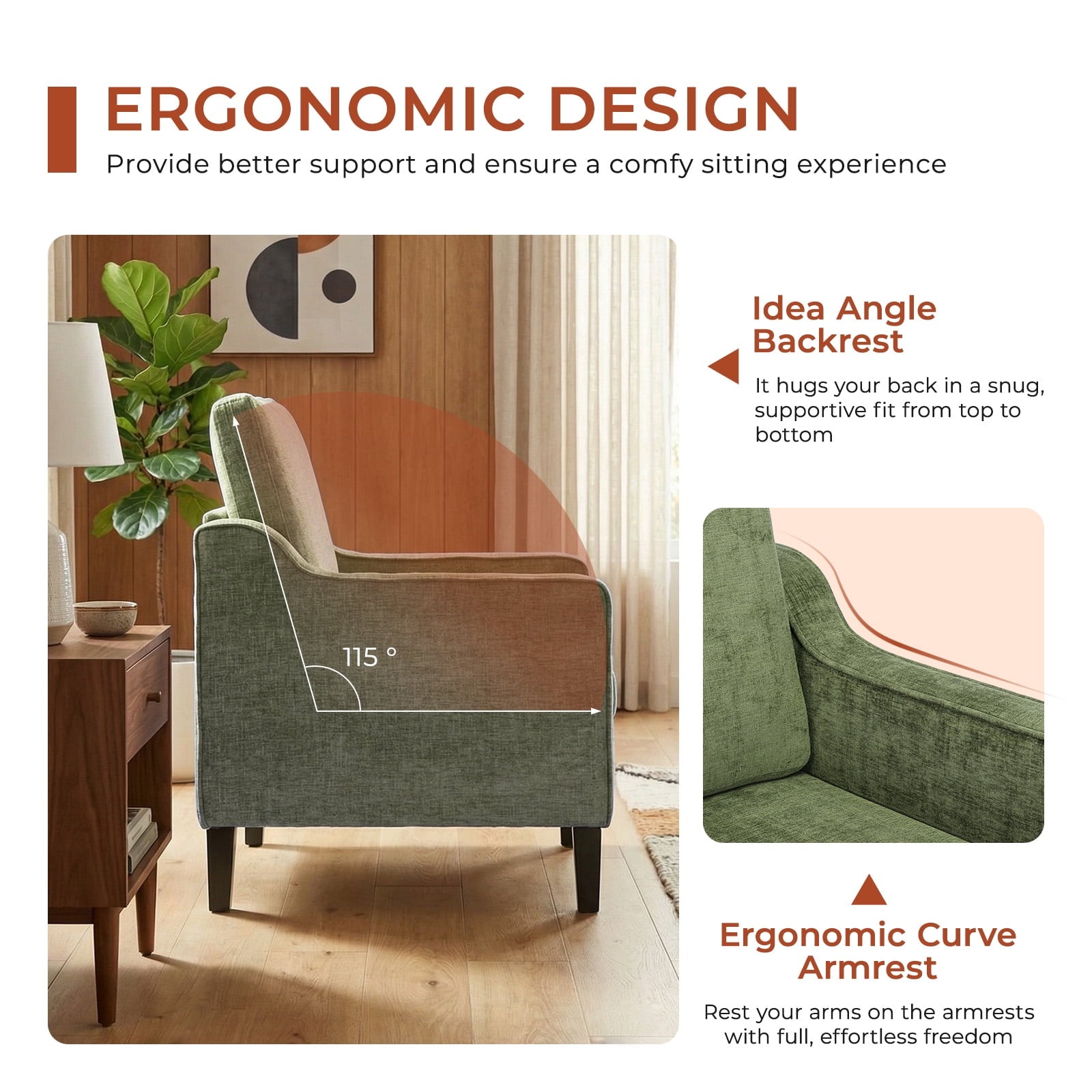 TLSUNNY Accent Chair, Mid Century Modern Reading Chair, Upholstered Armchair with Removable Cover, Comfy Single Sofa Side Chair for Office, Apartment, Small Room