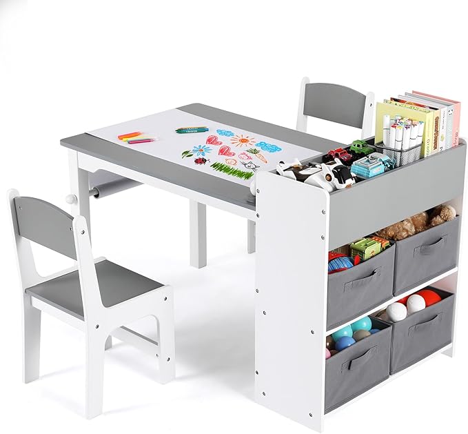 TLSUNNY Kids Art Table and 2 Chairs, Massive Storage, Toddler Craft Desk Set, w/ Paper Roll & 4 Storage Bins, Age 3+