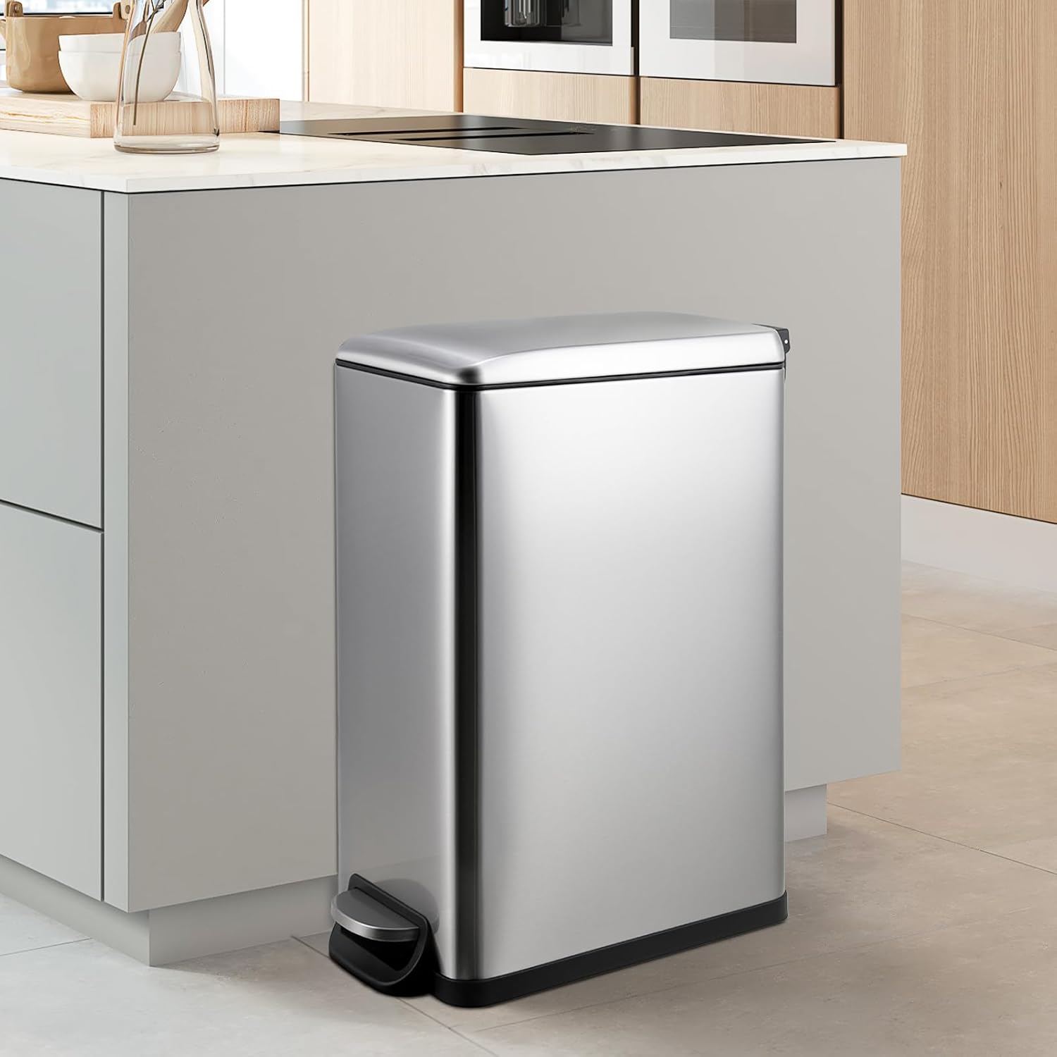 TLSUNNY 13.2 Gallon Stainless Steel Trash Can, with Silent Lid, Inner Bucket, Foot Pedal Trash Can, Suitable for Kitchen, Bathroom, Living Room