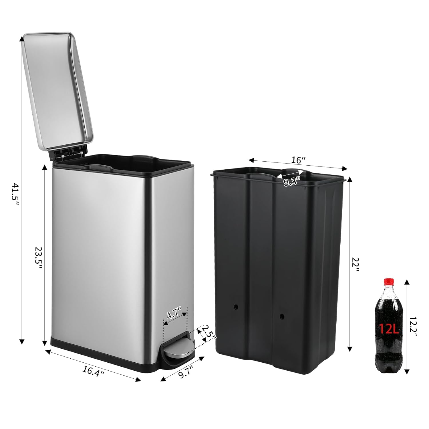 TLSUNNY 13.2 Gallon Stainless Steel Trash Can, with Silent Lid, Inner Bucket, Foot Pedal Trash Can, Suitable for Kitchen, Bathroom, Living Room