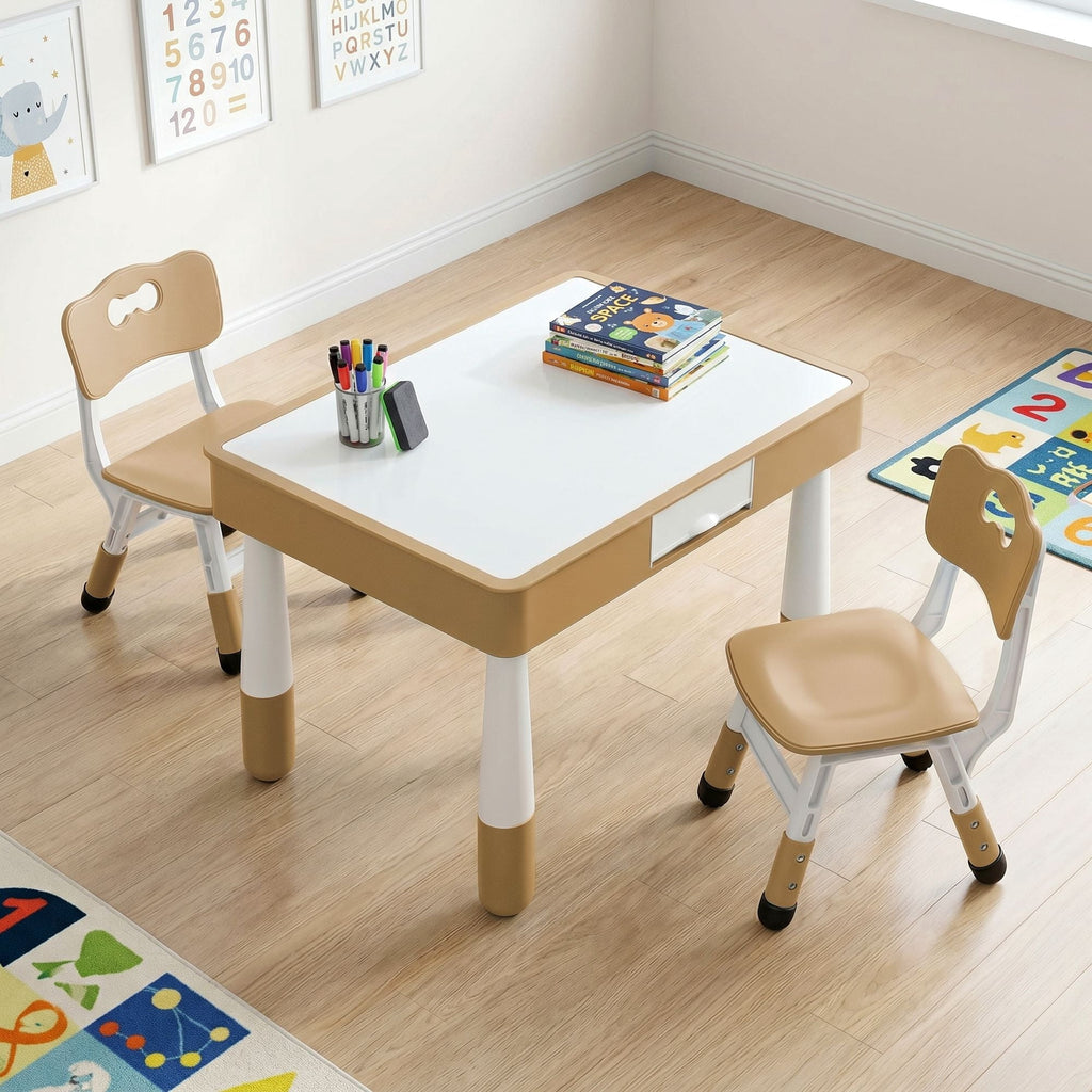 TLSUNNY Kids Table and 2 Chairs Set, W/ Double-Sided Graffiti/Building Blocks Activity Tabletop and 2 Drawers for Drawing/Playing/Reading, for Toddlers