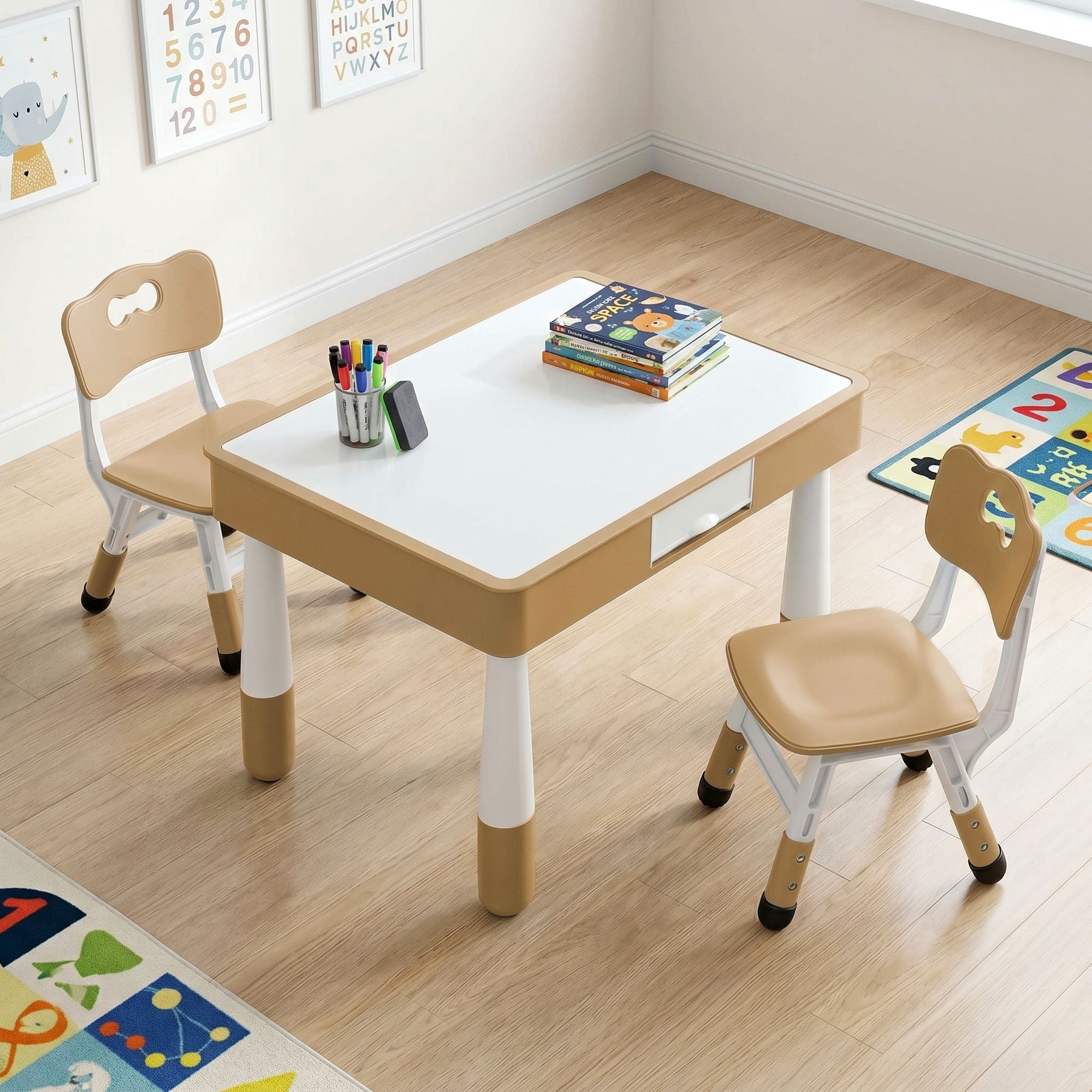 TLSUNNY Kids Table and 2 Chairs Set, W/ Double-Sided Graffiti/Building Blocks Activity Tabletop and 2 Drawers for Drawing/Playing/Reading, for Toddlers