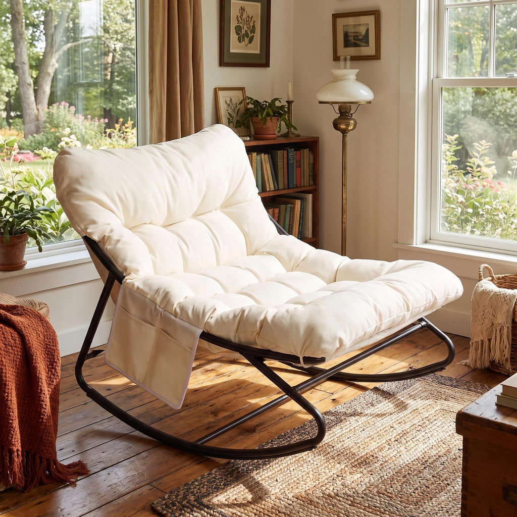 TLSUNNY Indoor Rocking Chair, Accent Rocker Chair with Solid Metal Frame, Side Pocket, Papasan Rocker Lounge Chair for Living Room/Bedroom/Reading Nook