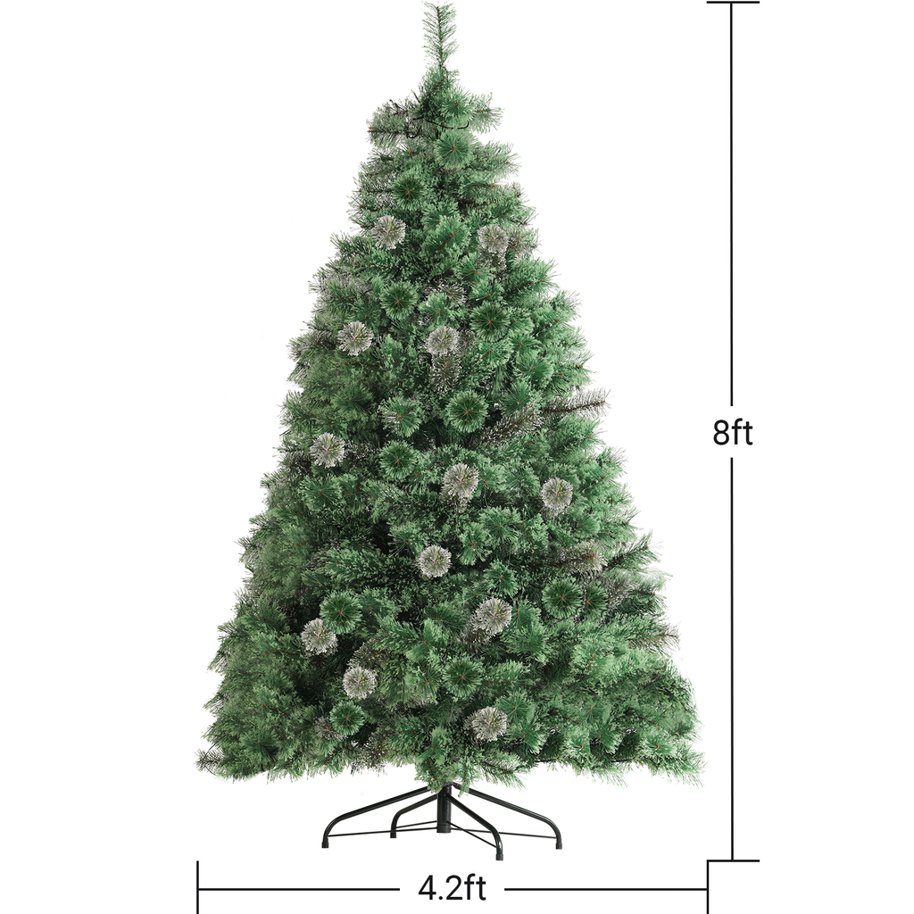 TLSUNNY 6/8/9ft Pre-lit Artificial Christmas Tree with 550 Branche Tips 250 LED Warm Lights, Fluffy Snow Flocked Pine Tree, Metal Stand Hinged Xmas Tree