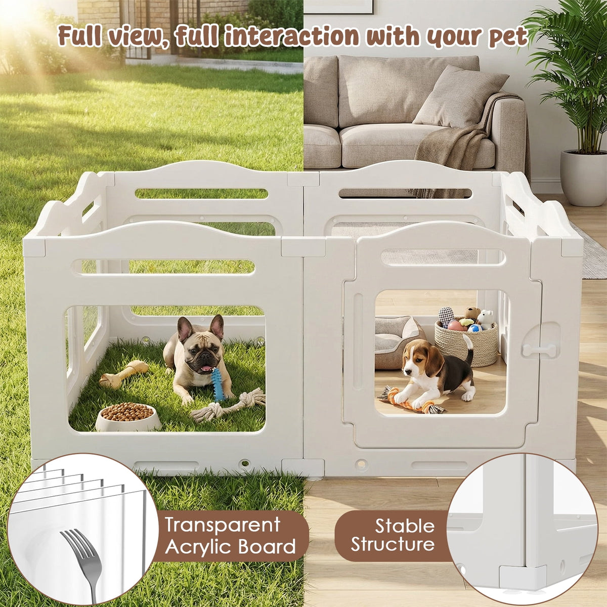 TLSUNNY Clear Acrylic Dog Playpen with Secure Locking Door, 23.6" Puppy Playpen Indoor , Plastic Pet Fence for Medium/Small Dogs (8 Panels)