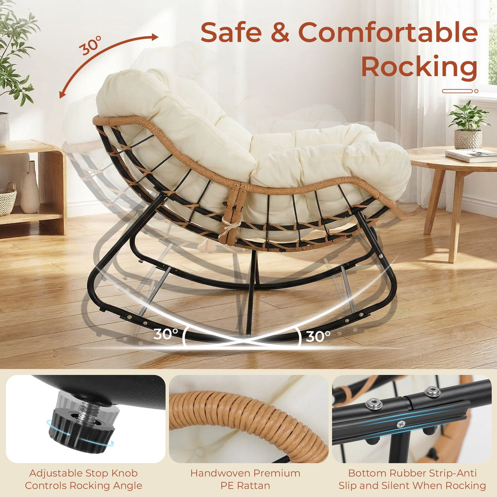 TLSUNNY Outdoor Rocking Chair, Oversized Patio Papasan Rocker, Comfy Wicker Reading Lounge, Indoor Egg Chair for Bedroom, Living Room, Lawn
