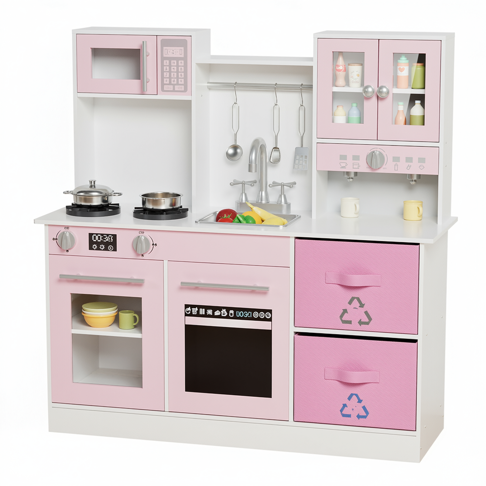 TLSUNNY Kids Play Kitchen, Wooden Pretend Cooking Play Toy Set with Cookware Accessories, Sink, Microwave and Realistic Light & Sounds, Gifts for Age 3+