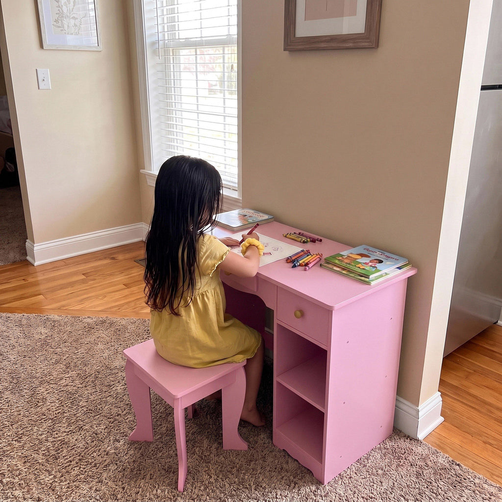 TLSUNNY Kids Vanity and Stool Set with Mirror & Adjustable Lights, Wooden Pretend Play Makeup Desk, Use for Study Desk