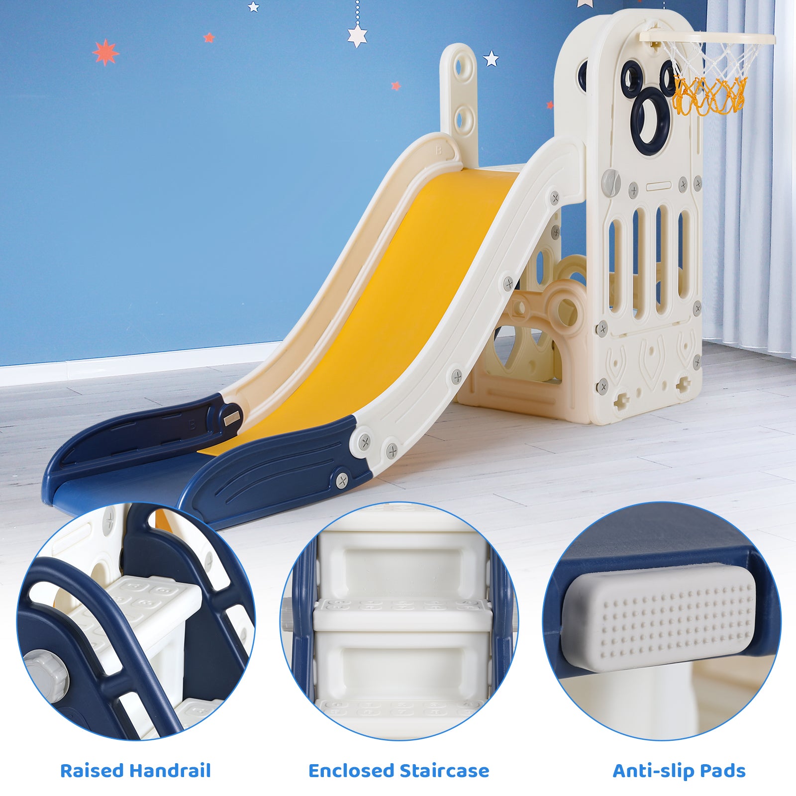 TLSUNNY Toddler Slide Playset, Stair Slides for Kids with Basketball Hoop, Non-Slip Steps & Storage Space, for Backyard, Nursey, Playgroud