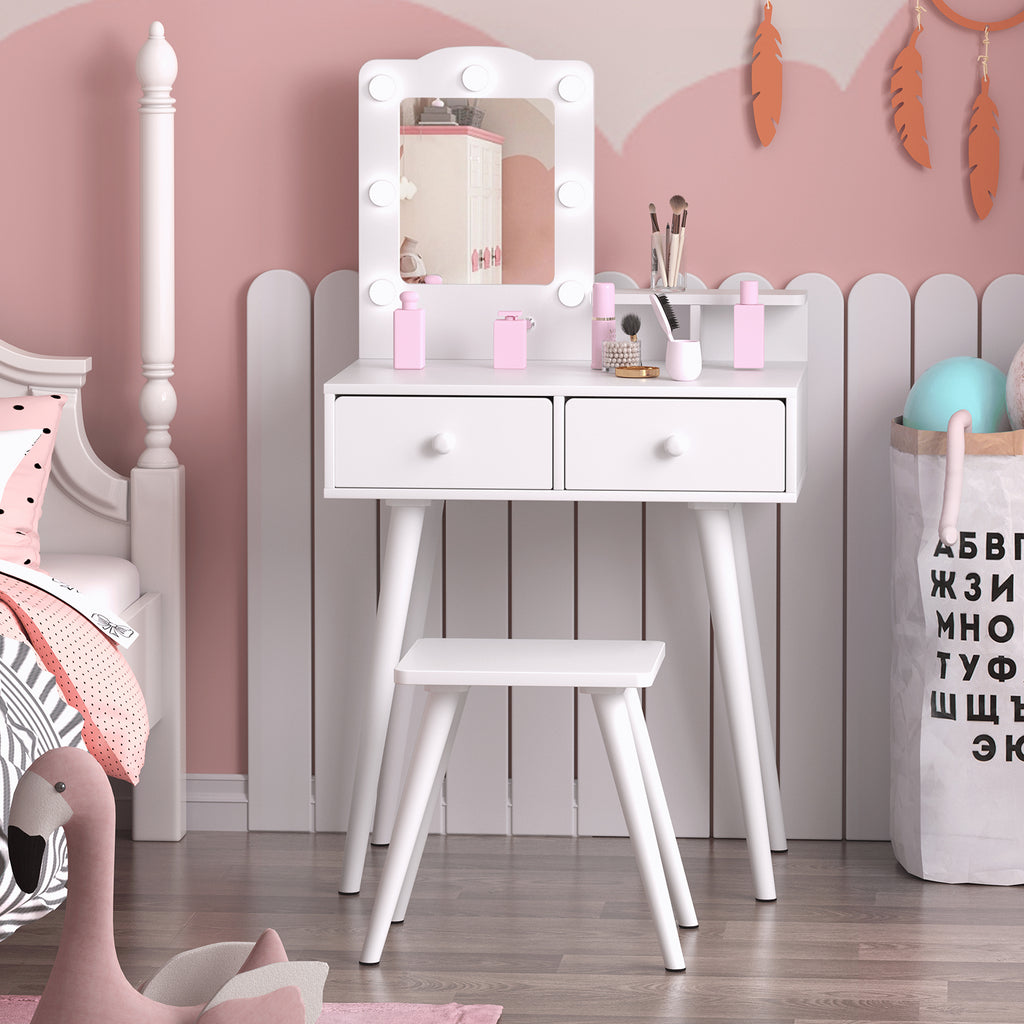 TLSUNNY Toddler Princess Vanity Set with Lights, Wooden Makeup Table and Chair with Mirror and 2 Storage Drawers, Gift for Little Girls