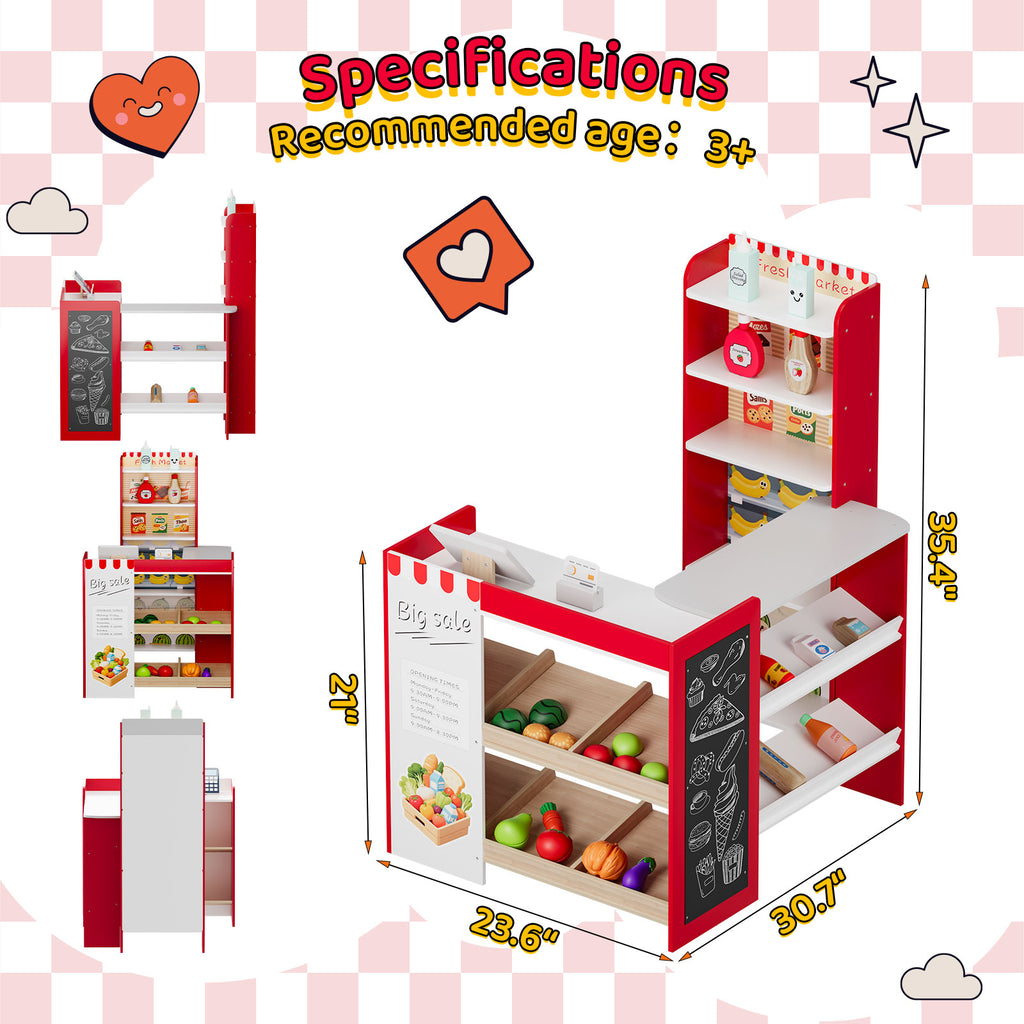 TLSUNNY Kids Pretend Play Grocery Store Playset, Wooden Supermarket Toy Set, Toddler Market Checkout Stand w/ Chalkboard, Cash Register, Shelves, Play Food Accessories