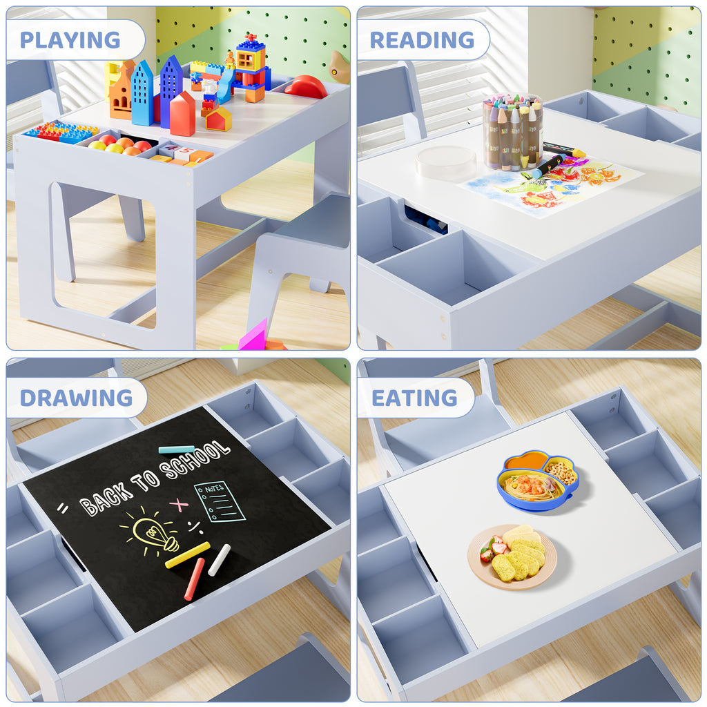 TLSUNNY Kids Table and Chairs Set with Storage, Children's Wooden Drawing Table, w/ Reversible Top & Chalkboard, for Home, Playroom, Nursery