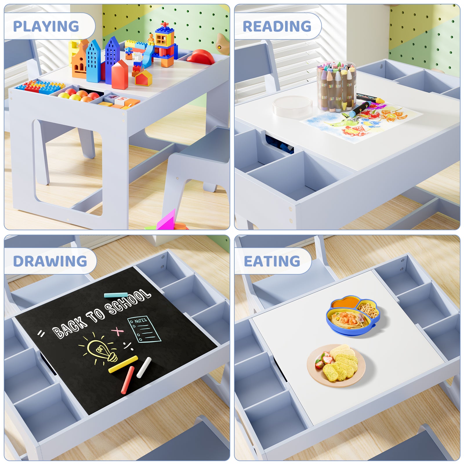 TLSUNNY Kids Table and Chairs Set with Storage, Children's Wooden Drawing Table, w/ Reversible Top & Chalkboard, for Home, Playroom, Nursery