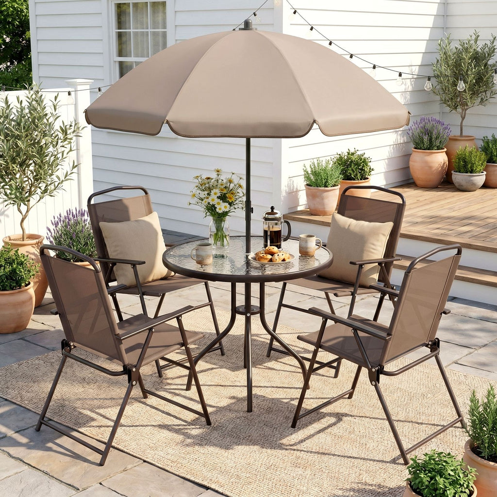 TLSUNNY Patio Dining Set, Folding Chairs and Round Table W/ Umbrella Hole Outdoor Dining Furniture for Bistro, Garden, Backyard, Deck