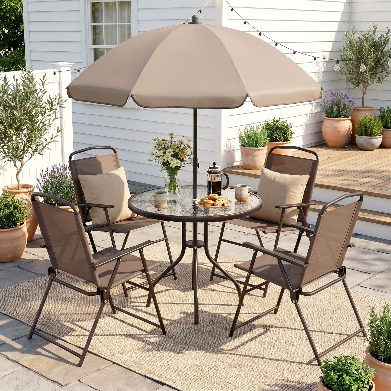 TLSUNNY Patio Dining Set, Folding Chairs and Round Table W/ Umbrella Hole Outdoor Dining Furniture for Bistro, Garden, Backyard, Deck