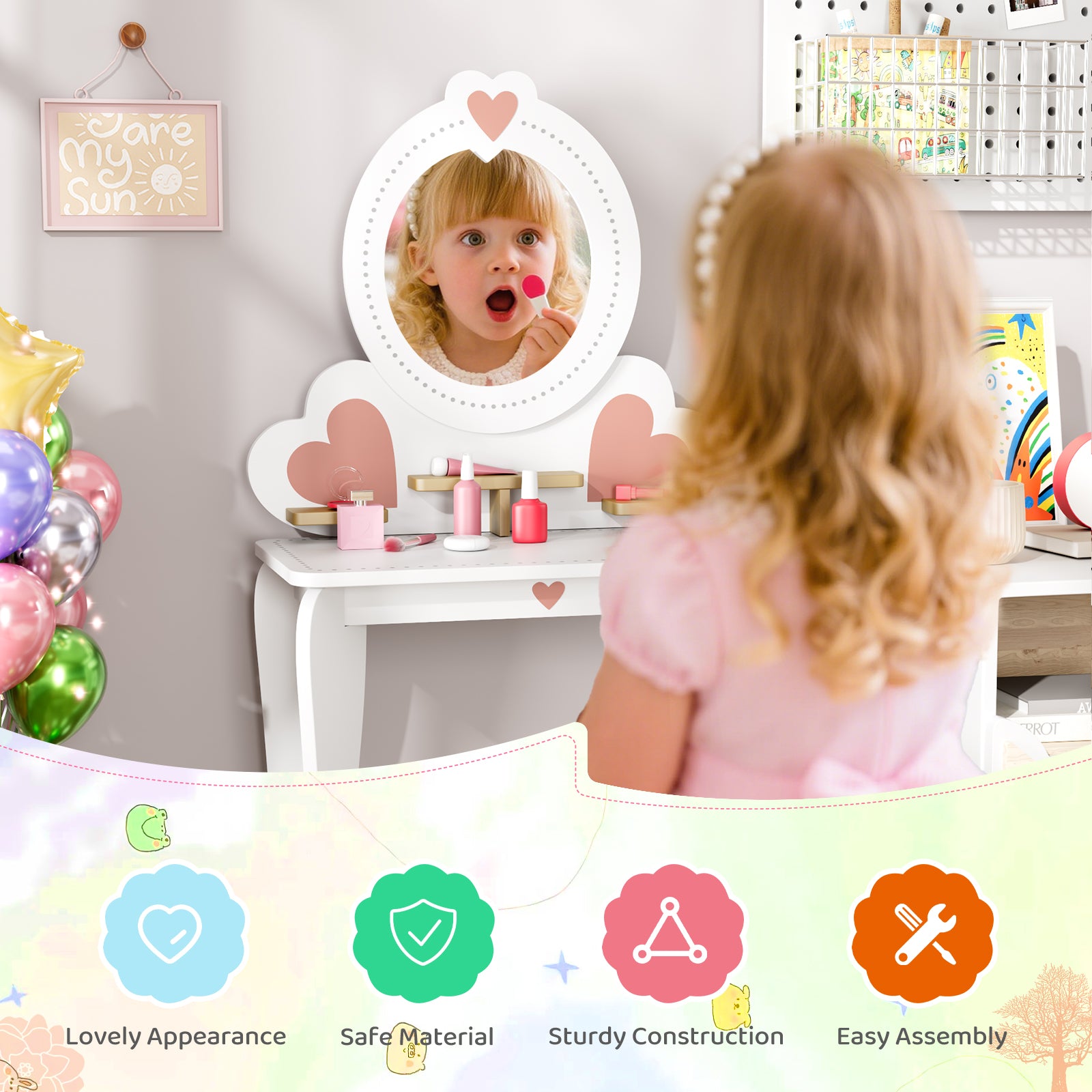 TLSUNNY Kids Princess Vanity Set, Make Up Table and Stool Play Set for Girls, Toddler Wooden Makeup Toys with 8 Pcs Accessories for Pretend Play