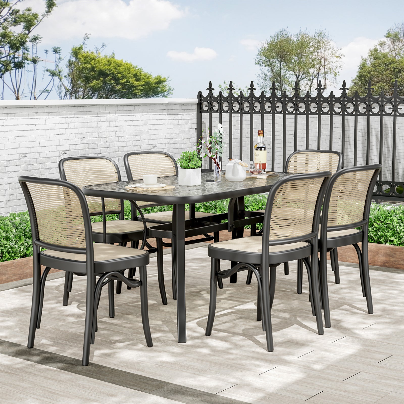 TLSUNNY Outdoor Dining Table with Umbrella Hole, Rectangular Glass Patio Table, Outdoor Metal Furniture for Outside, Garden, Balcony, Black