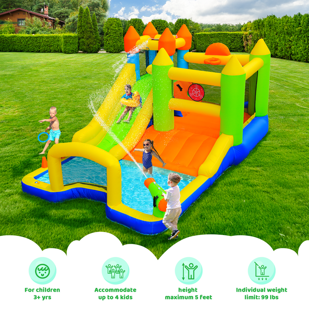 TLSUNNY Bounce House with Slide, 9 in 1 Inflatable Water Slides for Kids Backyard, w/Climbing Wall, Splash Pool, Soccer Goal, Water Cannon, Bouncy Castle w/Air Blower